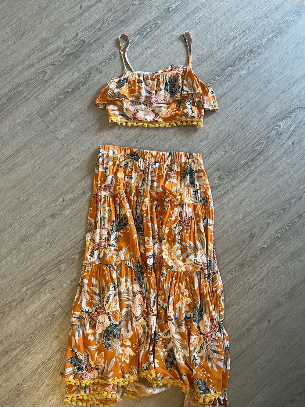 Jaase Mustard Floral Boho Maxi Skirt & Crop Top Set | Festival Co-Ord Set